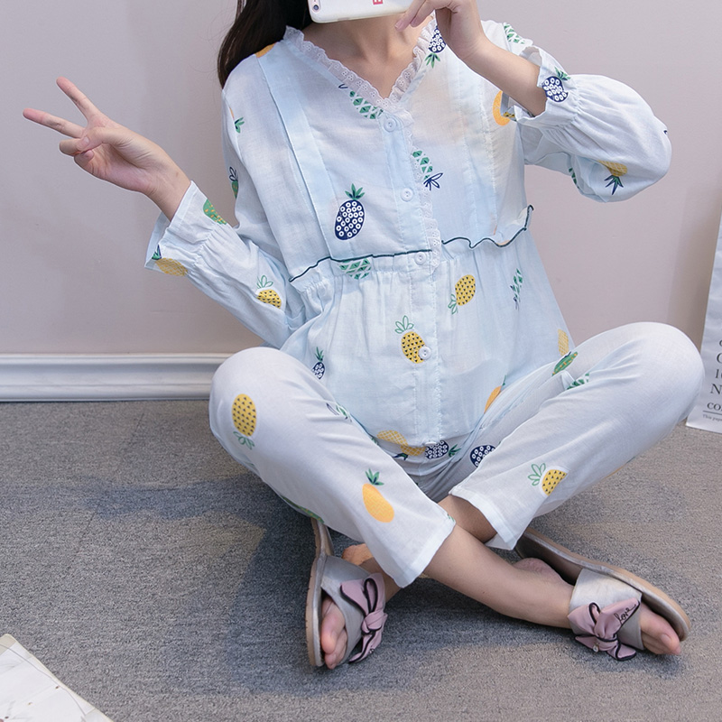 Moon clothes Spring and summer thin postpartum maternity pajamas Cotton lactation clothes Maternal sweat-absorbing lactation home clothes set