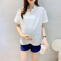2021 pregnant woman summer loaded short sleeve shirt V collar shoulder hollowed-out lace pregnant woman blouse loose large code slim fit shirt
