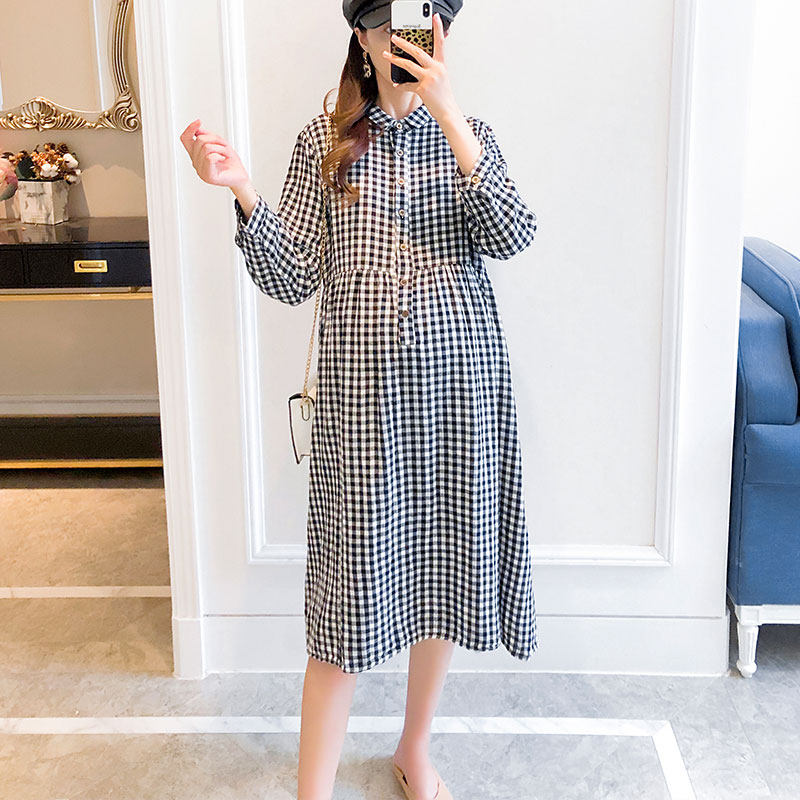 Pregnant Woman Long Dress Spring Dress New Plaid Pure Cotton A Character Dress Cotton Yarn Comfort Korean Version Large Scale Code Loose Long Sleeve Shirt Dress
