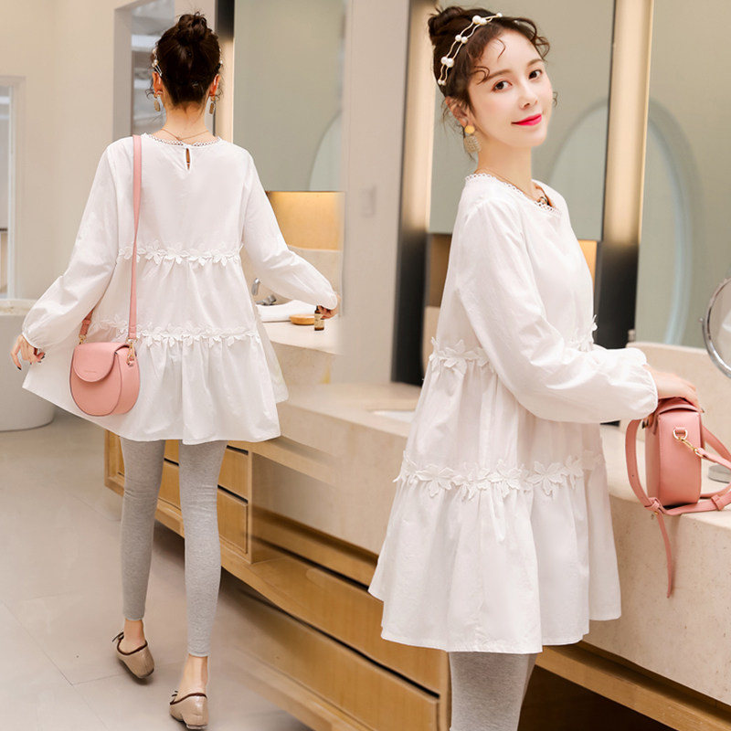Maternity dress spring and autumn tops maternity shirt white maternity shirt mid-length cotton doll shirt loose Korean style trendy