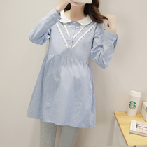 Pregnant women Spring and Autumn dress new short sleeve doll collar long top Korean stripe large size loose shirt