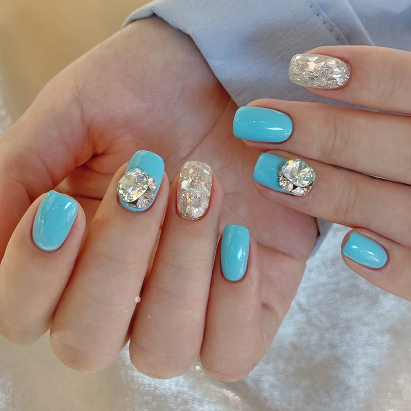 G88 Nail Blue Sparkling Rhinestone Short Nail Art Stickers with Gemstone Decoration Fake Nails