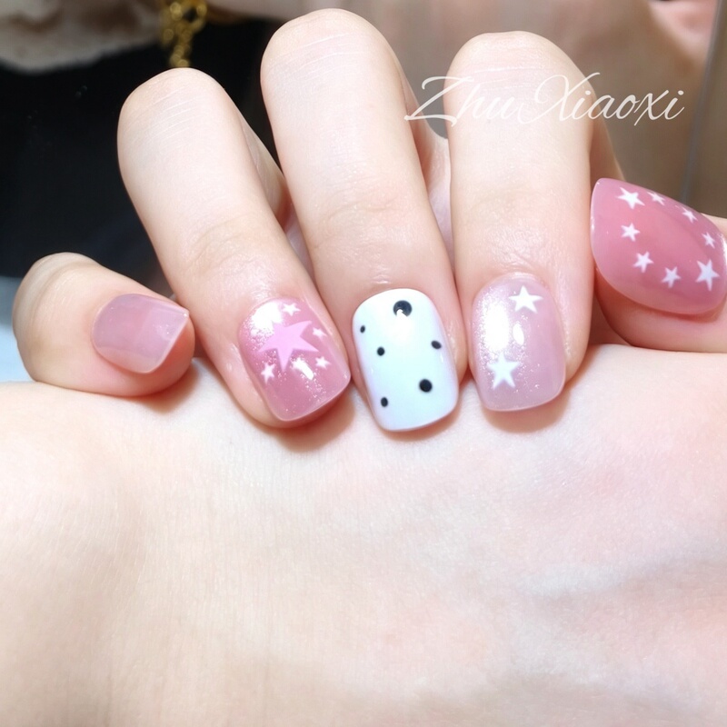 Star Wave Dot Swirl】Cute Doudou Wearable Nails for Students, Sweet and Girly Versatile Nail Stickers, Nail Art Stickers