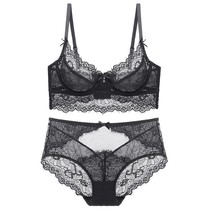  Large size bra large chest small bra sexy lace ultra-thin bra set upper bracket breathable D-cup underwear summer