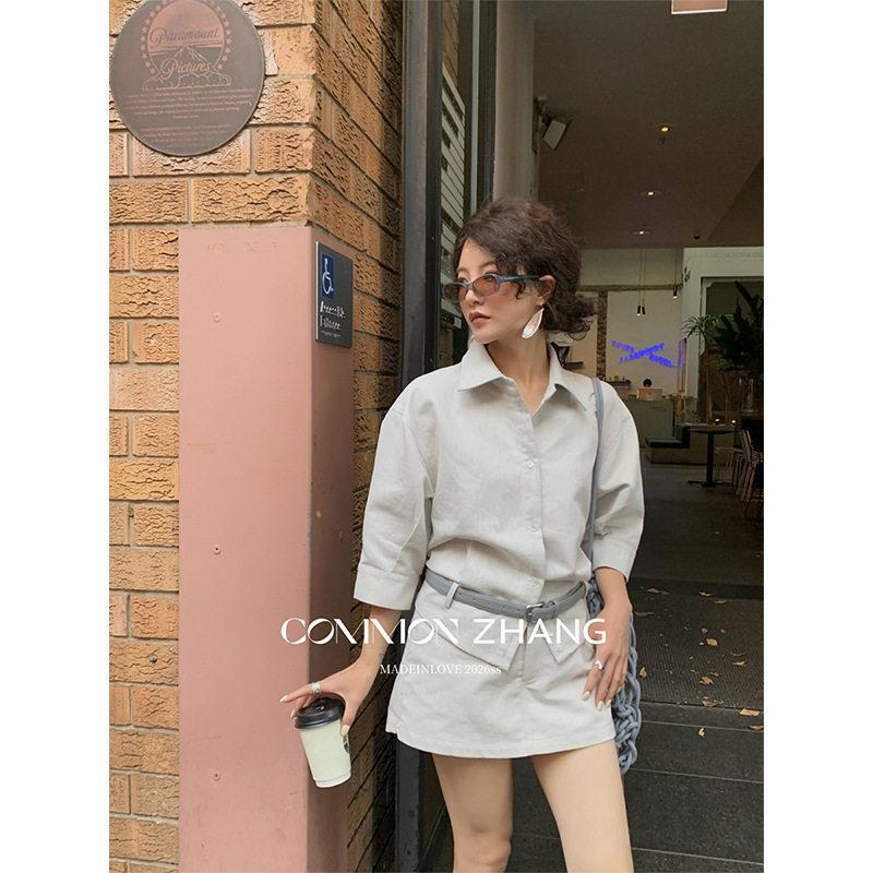 Guangzhou Benji Trading Co., Ltd. Spring Collection Belted Seven-Sleeve Thin American-Style Denim Shirt for Women Commuter Blouse