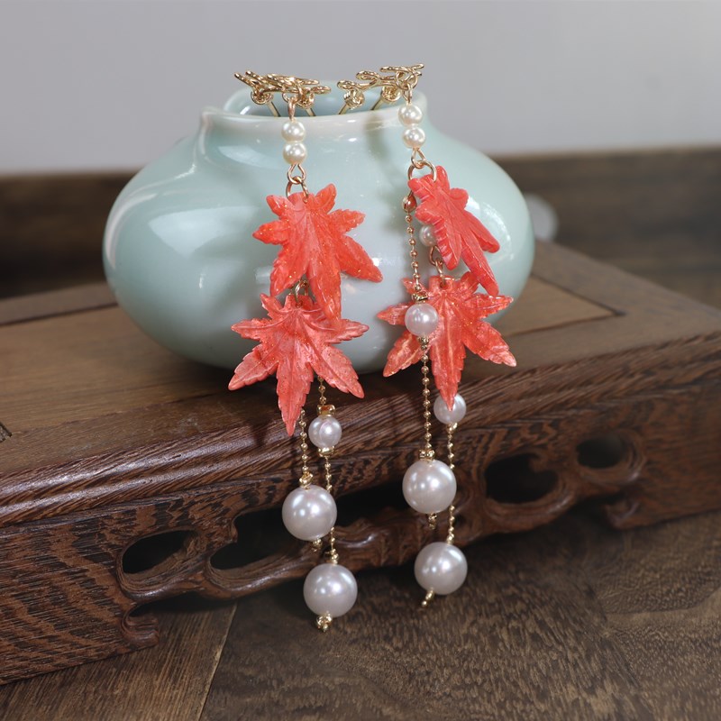 Cloud Dark Fog Light Night Maple Pavilion Original Handmade Maple Leaf Streaming Su Hair Hairpin 100 Hitch Maple Ear Decorated Ear Clip Earring Earrings Accessories Accessories