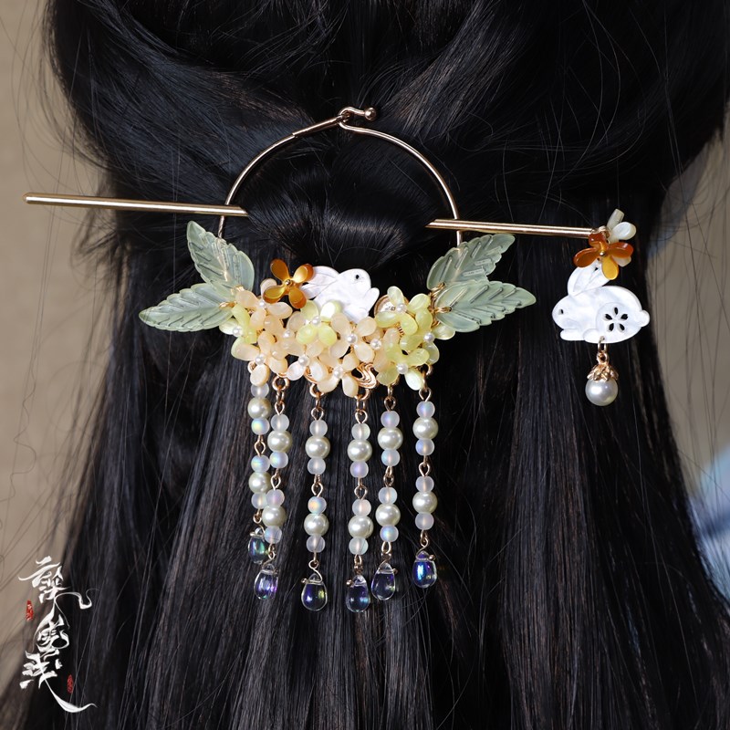 Cloud dark fog shallow osmanthus ring hairpin original handmade Handmaid's back pressure hair ring Ancient wind rabbit flow Su Hairpin Accessories