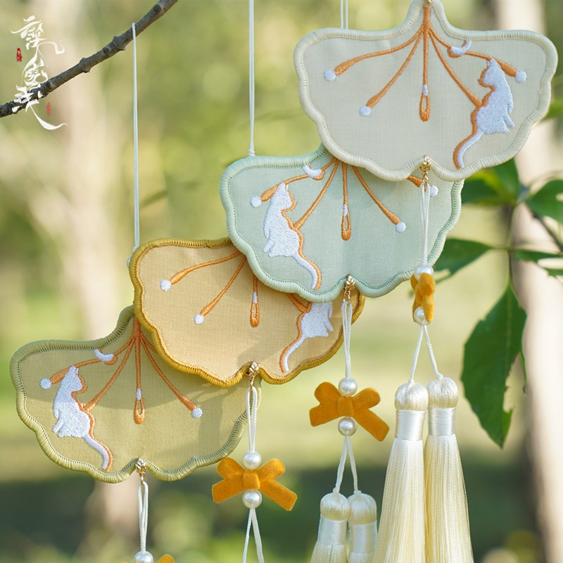 Cloud Deep Fog Shallow Little Ginkgo Original Double Sided Embroidered Hanfu Waist Charm Forbidden Style Tassel Pendant Accessory 