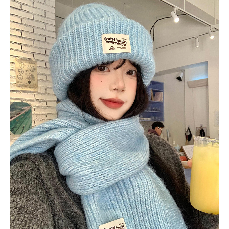 Take Photos in Northeast China! Blue Knitted Hat with Wool for Women, Autumn and Winter Korean Style, Makes Face Look Smaller, Hat and Scarf Set Take Photos in Northeast China! Blue Knitted Hat with Wool for Women, Autumn and Winter Korean Style, Makes Face Look Smaller, Hat and Scarf Set