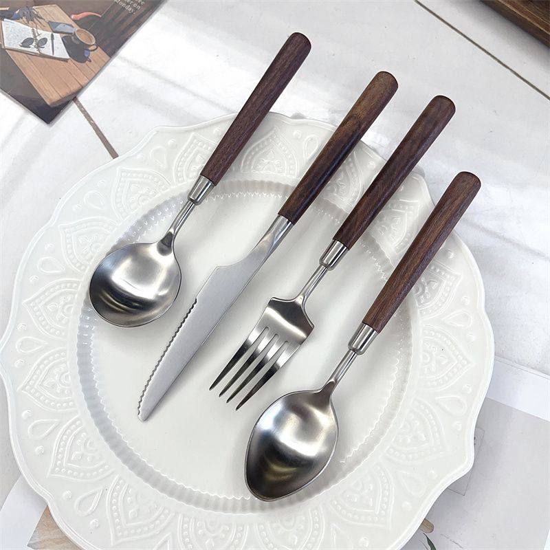 Stainless Steel High-End Retro Imitation Walnut Handle Steak Knife and Fork Western Food Knife, Fork and Spoon Dessert Rice Spoon Soup Spoon Tableware