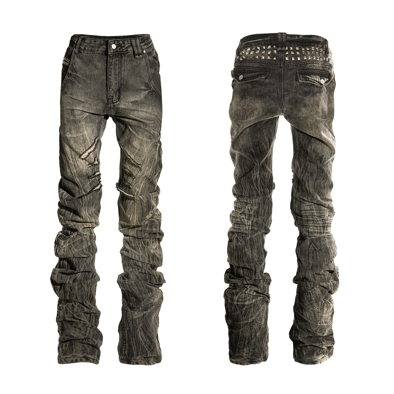 Nightlab Vintage Retro Rock Visual Style Scimitar Slim Fit Khaki Stacked Denim Pants Nightlab Vintage Retro Rock Visual Style Scimitar Slim Fit Khaki Stacked Denim Pants