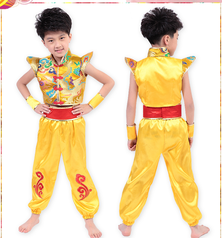 Bài hát mừng năm mới quần áo nam nữ võ thuật mở màu đỏ lễ hội thiếu nhi trống quần áo khiêu vũ Trung Quốc trang phục trống eo thời trang cho bé