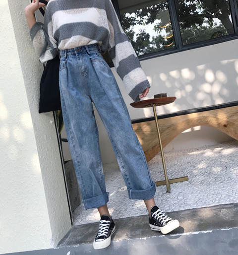 Hàn Quốc ulzzang phong cách Harajuku bf mùa thu Phiên bản Hàn Quốc của quần jeans ống rộng eo cao quần ống rộng quần nữ sinh viên quần jean ống rộng nữ