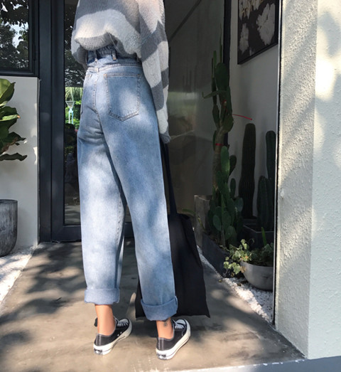 Hàn Quốc ulzzang phong cách Harajuku bf mùa thu Phiên bản Hàn Quốc của quần jeans ống rộng eo cao quần ống rộng quần nữ sinh viên quần jean ống rộng nữ