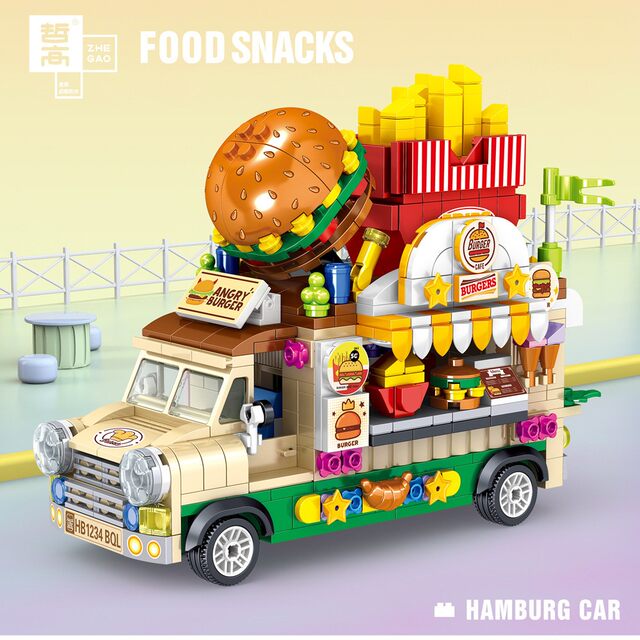 Children's Creative Building Blocks, Small Particle Assembly, Hamburger, Ice Cream, Toy Car, Street Food Model, Gift for Boys and Girls