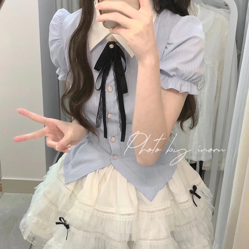 Walnut Jk【Alice's Dessert Table】Original Waist-Cinching Shirt College Cake Puff Skirt Blue Sweet and Spicy Walnut Jk【Alice's Dessert Table】Original Waist-Cinching Shirt College Cake Puff Skirt Blue Sweet and Spicy