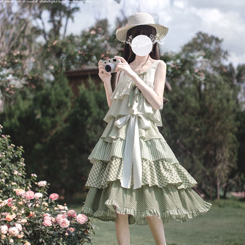 胡桃木 Оригинальное зеленое платье, длинная юбка, стиль Лолита