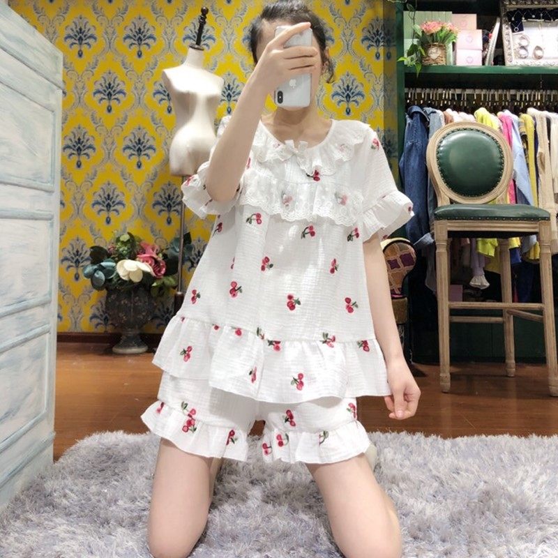 Spring and summer pajamas women's cotton short-sleeved shorts suit Korean version lace princess cherry embroidery home service thin section