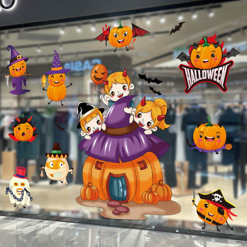 Halloween Pumpkin Light Glass Stickers Shop Window Adornment Arrangement Dress Children Window Stickler Window Applida Shop Storefront
