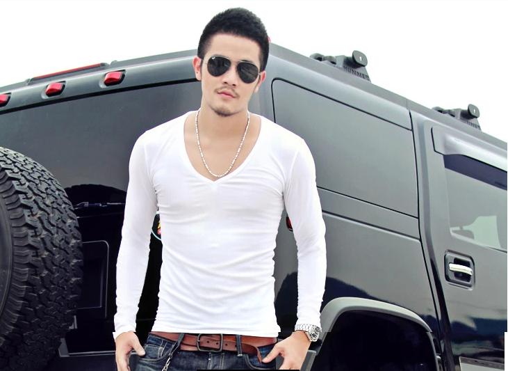 Mùa thu và mùa đông thời trang nam Slim gợi cảm sâu cổ chữ V cổ thấp chạm đáy áo sơ mi Cổ chữ V cá tính dài tay áo thun nam mùa thu quần áo thủy triều áo cotton