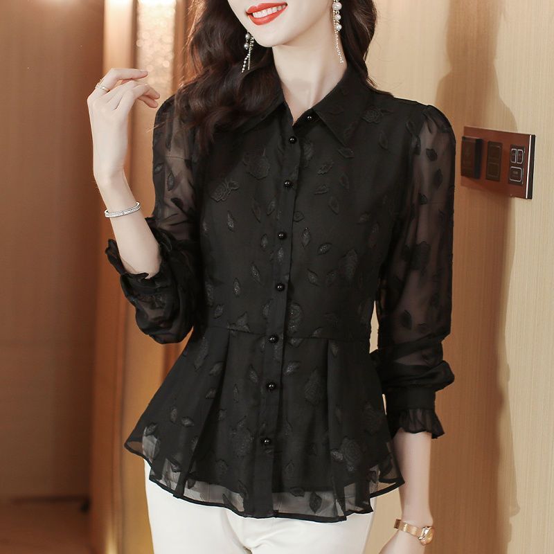 High-End Fashion Jacquard Long-Sleeved Chiffon Shirt for Women, New Autumn Style, Waist-Cinching, Elegant Blouse with a Stylish Skirt Hem