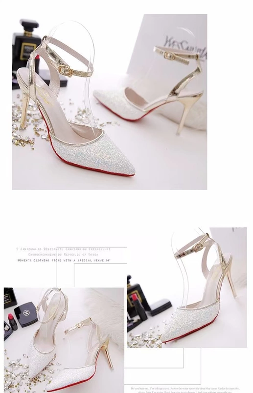 Xuân 2018 mới cao gót nhọn mũi nhọn khóa thời trang gợi cảm sandal stiletto giày phù dâu giày thủy triều