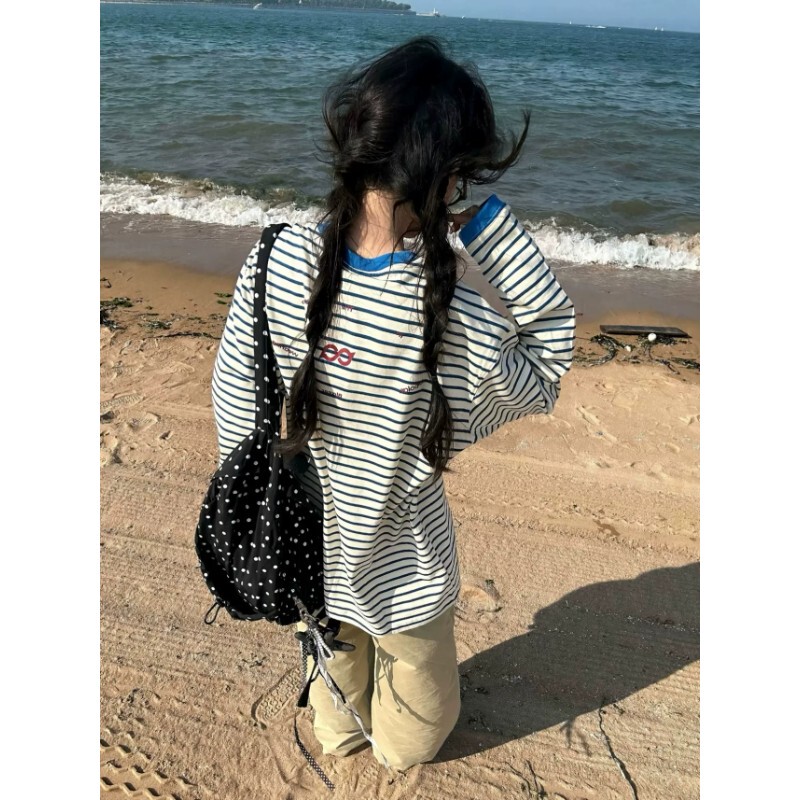 American Retro Striped Color-Blocked Long-Sleeve T-Shirt for Women, Spring and Autumn Casual Versatile Loose Design Top