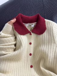 ເສື້ອກັນໜາວ Polo Collar pit striped sweater ສໍາລັບແມ່ຍິງດູໃບໄມ້ລົ່ນແລະລະດູຫນາວ 2024 ລະດູໃບໄມ້ປົ່ງໃຫມ່ slim fit short jacket