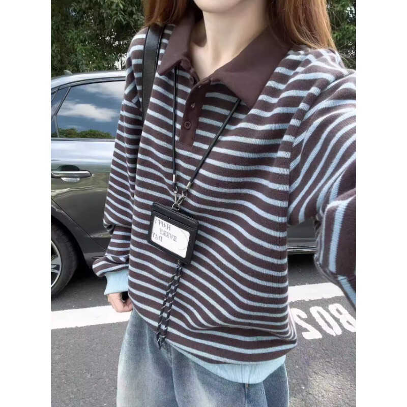 Korean Style College Lapel Striped Sweater for Women, Autumn Vintage Versatile Color-Blocking Loose Casual Long-Sleeve Knit Top Korean Style College Lapel Striped Sweater for Women, Autumn Vintage Versatile Color-Blocking Loose Casual Long-Sleeve Knit Top