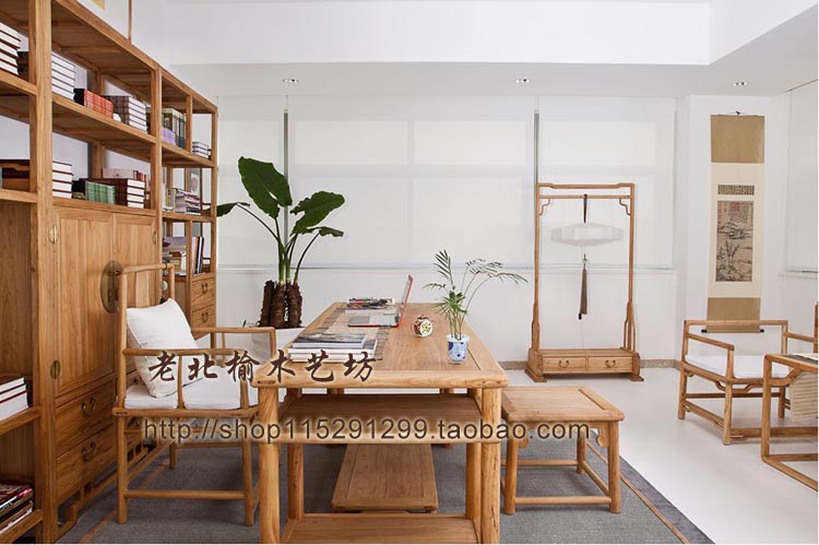 New Chinese Modern Old Elm Wood Zen-free Lacquer Tea Table Zen Chair Tea Building Clubhouse Chair Furniture Desk Combination Bookshelves Used