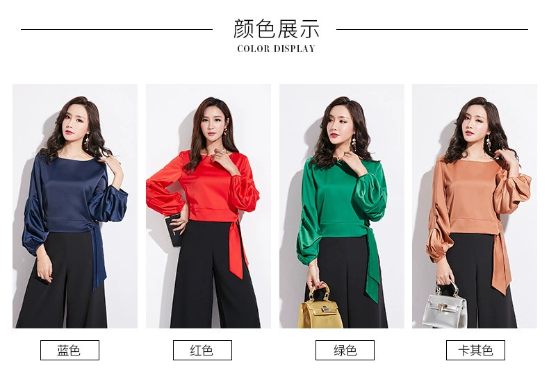Mùa xuân 2019 phiên bản Hàn Quốc của áo sơ mi nữ dài tay cổ tròn màu trơn màu mới với áo sơ mi tay lồng đèn - Áo sơ mi dài tay
