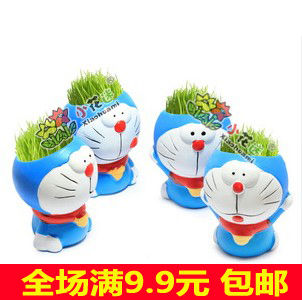 Doraemon grass head doll Office mini plant small potted kindergarten gift Green plant holiday gift
