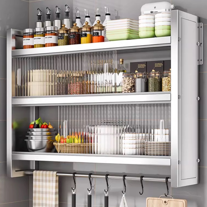 Kitchen Stainless Steel Wall-Mounted Cabinet Storage Rack with Thickened Sliding Door, Closed Type, for Home Use, Wall-Mounted, No Drilling Required Kitchen Stainless Steel Wall-Mounted Cabinet Storage Rack with Thickened Sliding Door, Closed Type, for Home Use, Wall-Mounted, No Drilling Required