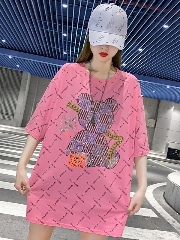 Plus-Size Loose-Fitting Printed Letter Rhinestone Bear Short-Sleeve T-Shirt for Women Summer 150kg Pink Crop Top