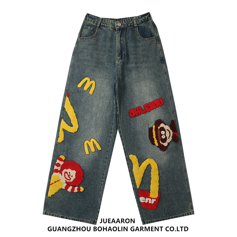 Jueaaron American-Style Fun Cartoon Embroidered Denim Pants for Men and Women, Loose Wide-Leg Straight High-Street Couple Pants