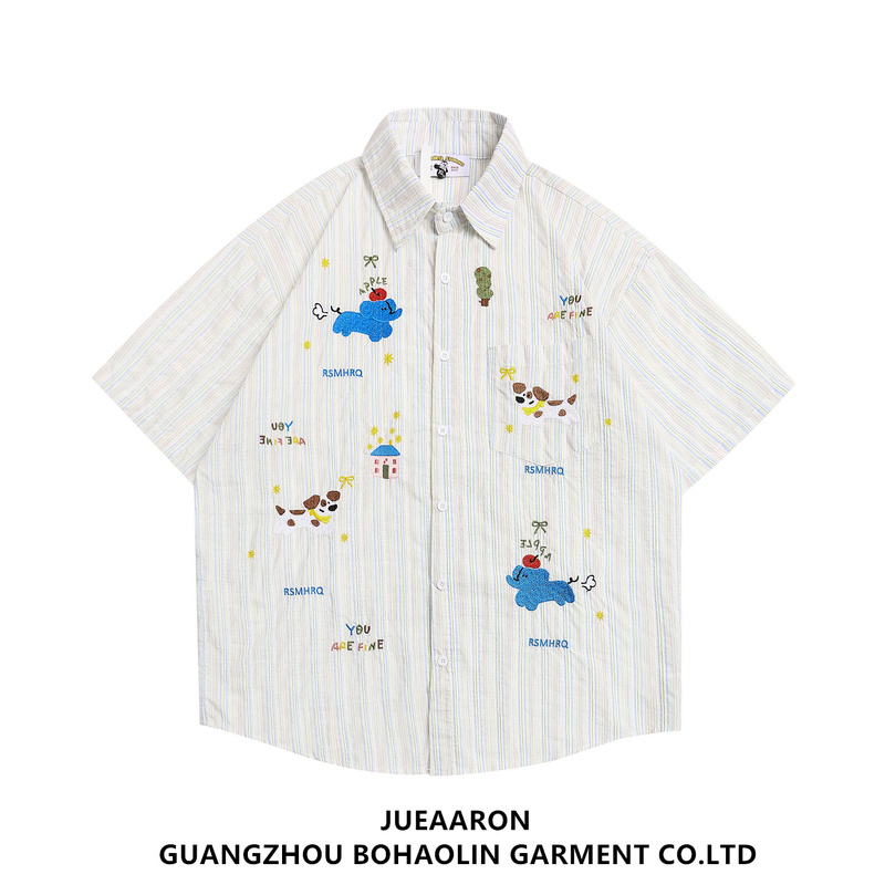 Jueaaron Japanese Retro Dog Embroidery Striped Short-Sleeve Shirt for Men, Loose Fit, Couple Casual Lazy Style Shirt Jueaaron Japanese Retro Dog Embroidery Striped Short-Sleeve Shirt for Men, Loose Fit, Couple Casual Lazy Style Shirt