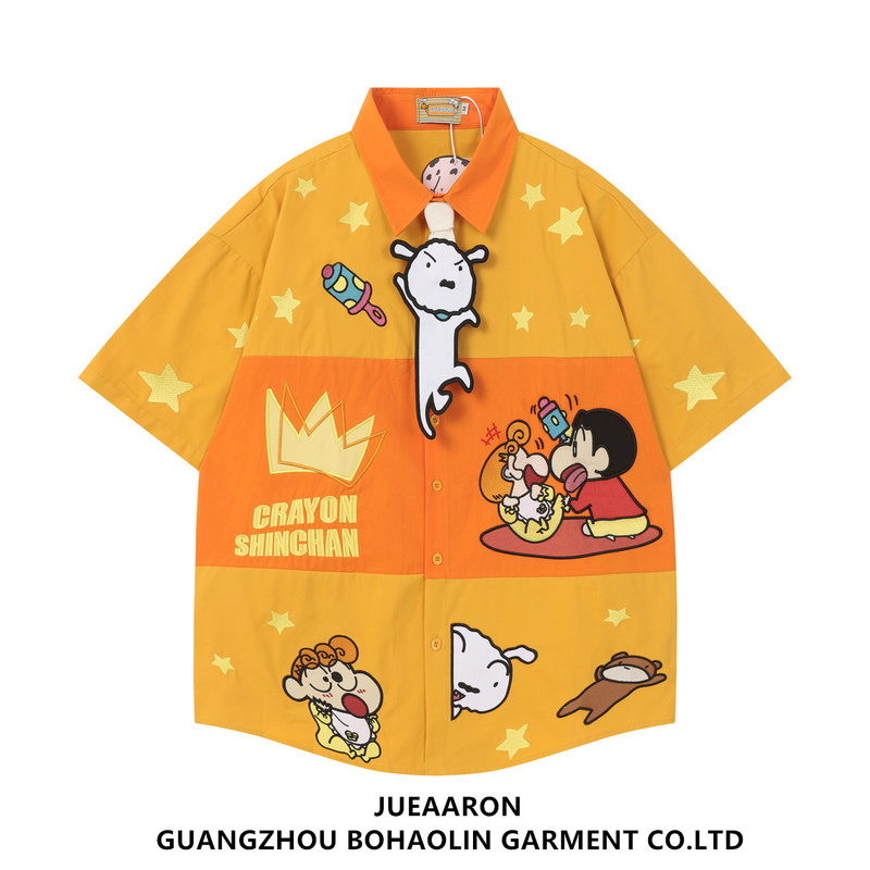 Jueaaron Retro Fun Cartoon Embroidered Short-Sleeved Shirt for Men and Women, Loose Splicing Casual Handsome Couple Shirt
