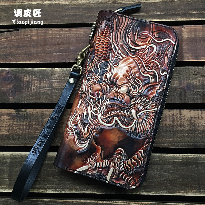 Naughty Cobbler Wallet Men's Genuine Leather Tide Brand Long ZipPer Personality Handbag Youth Cowhide Bag Casual Leather Carving Bag Handmade