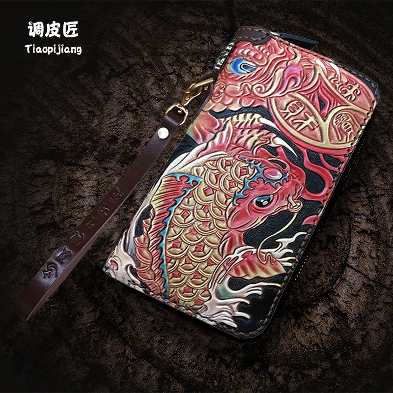 Wallet men's long zipper tide youth wallet men's leather personalized clutch bag women's large capacity handmade leather carving bag