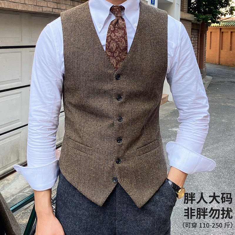 Plus-Size Men's Clothing New Retro British Style Vest Tweed Herringbone Pattern Suit Vest Light Mature Style Loose Vest