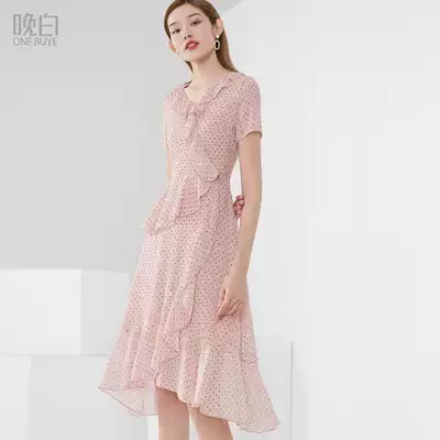 Late White 2021 summer new commuter slim lady lotus leaf age reduction wave dot print A dress women