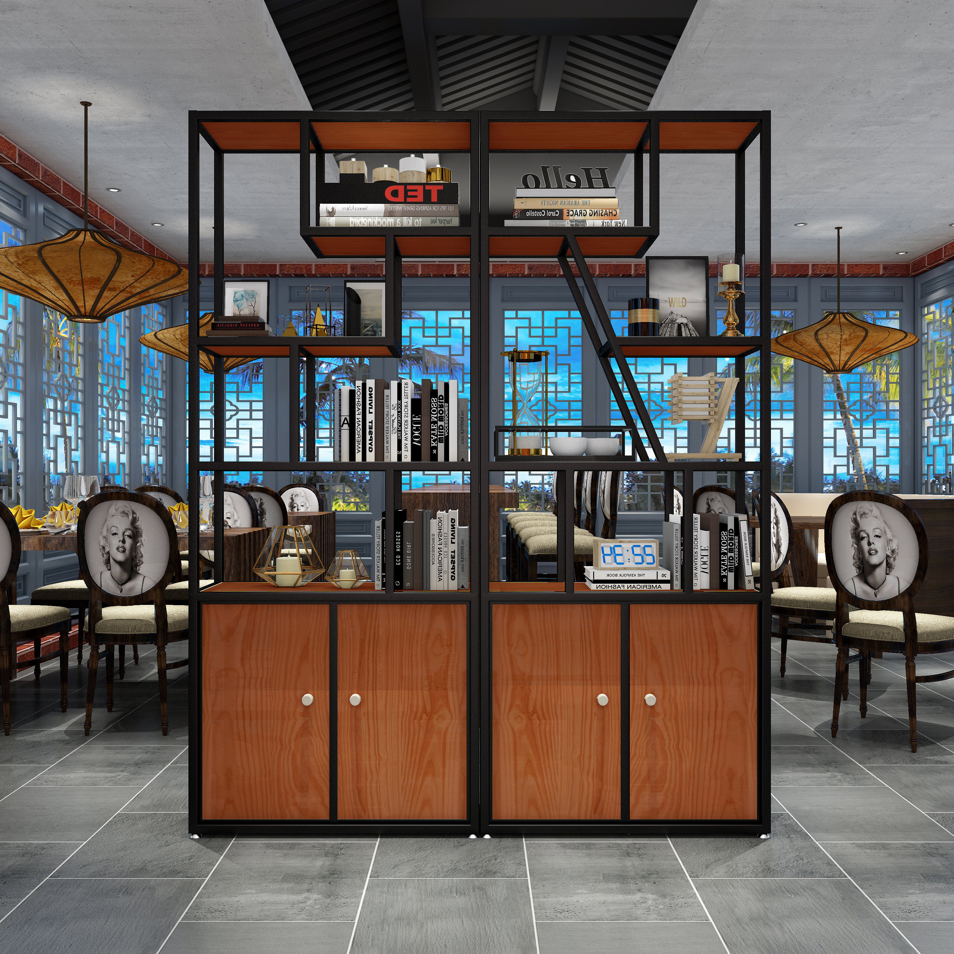 loft industrial wind creative iron art solid wood shelve room decoration Xuanguan partition office bookcase grid frame