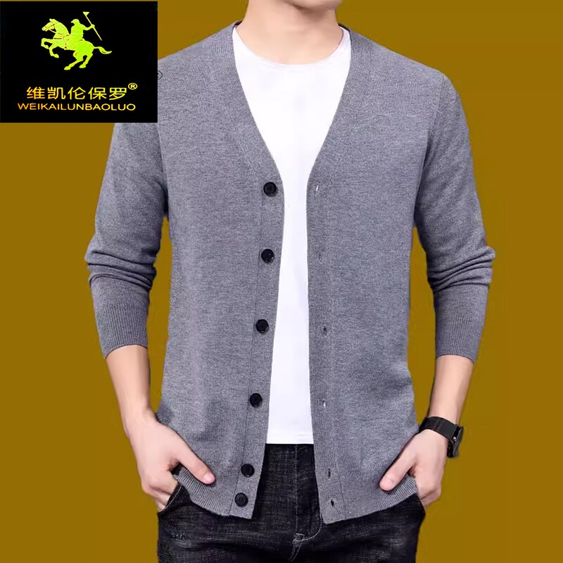 Spring and Autumn Knitted Cardigan Sweater for Young and Middle-Aged Men, Loose-Fitting Wool Sweater for Outerwear, Solid Color Dad Sweater