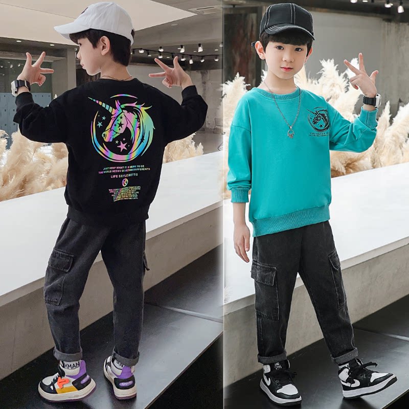 Boy Autumn Clothing 2021 New Suit Boy Tide Boy Fashion Casual Blouse Two Sets Big Boy Nets Red Clothes Foreign Pie