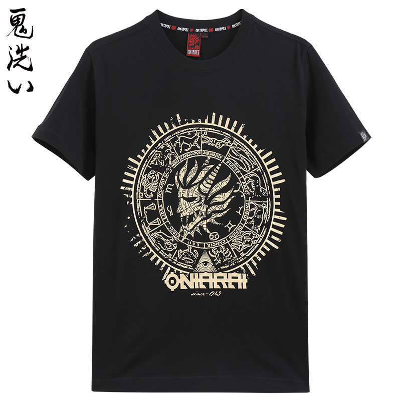 Oniarai Ghost Wash Spring and Summer Black Gold Ghost Head Print Men's Round Neck Short-Sleeved T-Shirt Men B840063