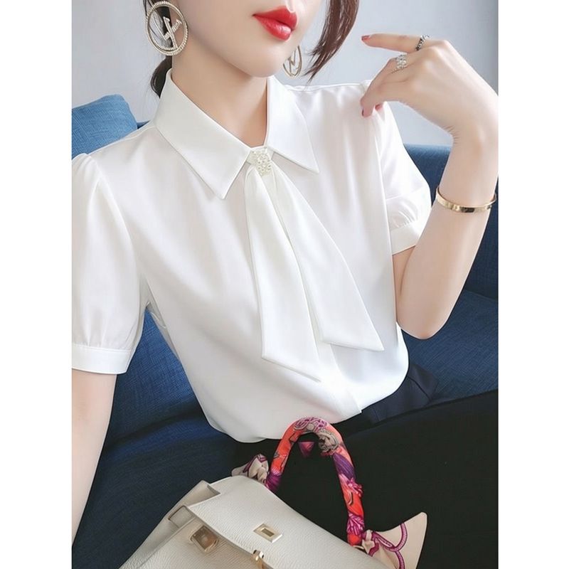 White Satin Shirt for Women, Short-Sleeved, Summer New Style, Large Size, Loose Design, Niche Style, Professional Shirt Top