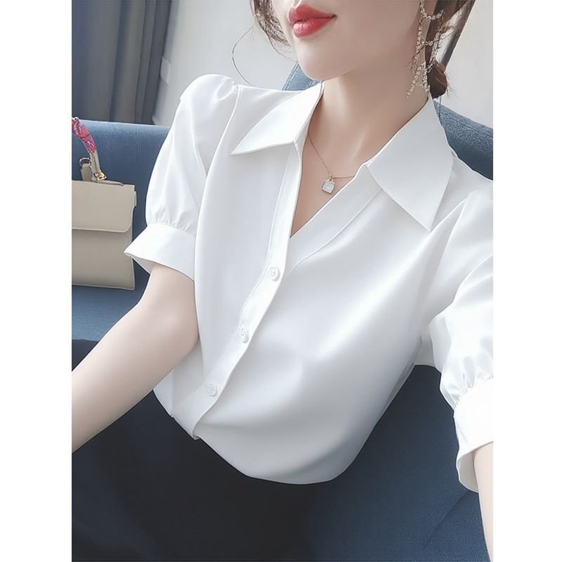 White V-Neck Shirt for Women, Short-Sleeved, New Summer Style, Large Size, Loose Design, Niche Professional Style Shirt Top