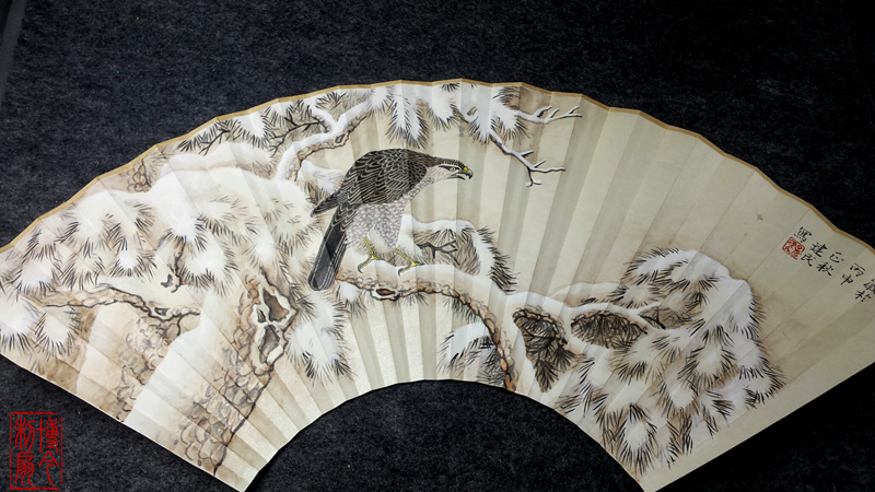 (Bojin fan) Tianjin famous 95 inches 18 square boutique gong pen Mengfeng fan surface Cedar Mengfeng poultry diagram
