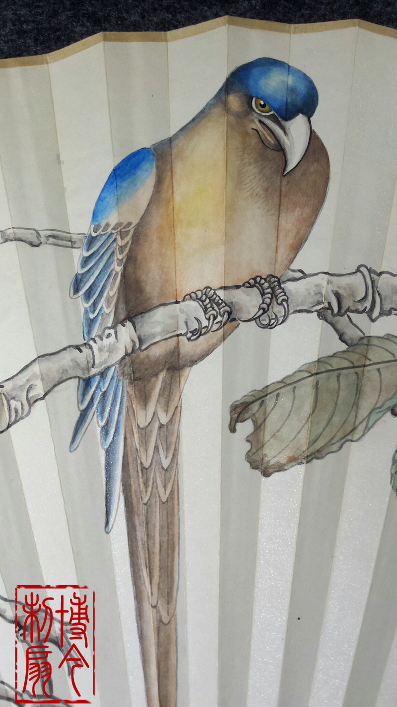 (Bojin fan) suitable for 95 inch boutique flower and bird old style fine brush fan parrot hydrangea picture boutique