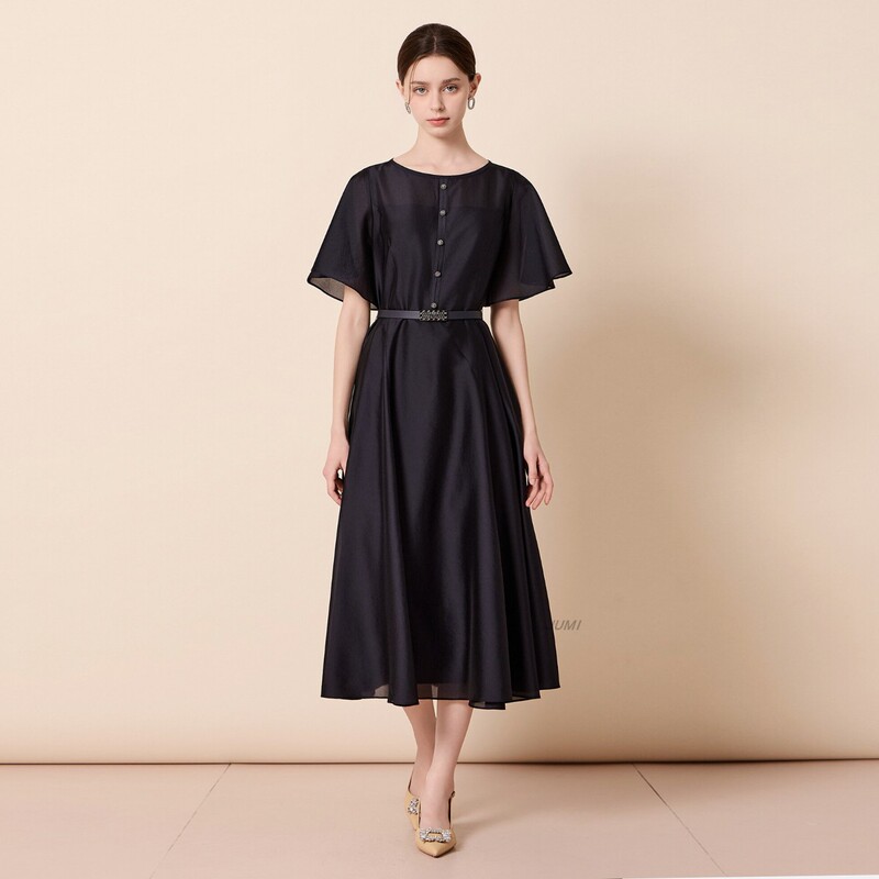 Korean-Style Organza Round-Neck Short-Sleeve Dress 2026 Summer French Hepburn Style Elegant Heavy-Duty Light Sheer Long Dress